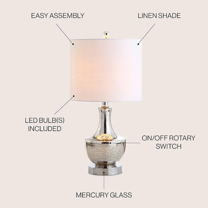 JONATHAN Y 20" Silver Glass Mini Table Lamp, Modern Bedside Lamp for Bedroom, White Linen Drum Shade, Teardrop Glass Base, LED Bulb Included, UL Listed (JYL1029B)