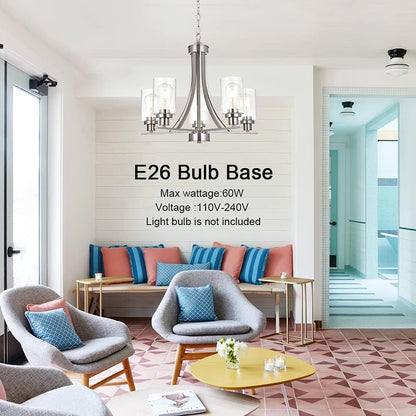 BONLICHT Traditional Chandelier Lighting 5 Light Brushed Nickel Modern Light Fixtures Hanging Pendant Lighting with Clear Glass Shade Classic Ceiling Lights for Kitchen Dining Room Living Room Island