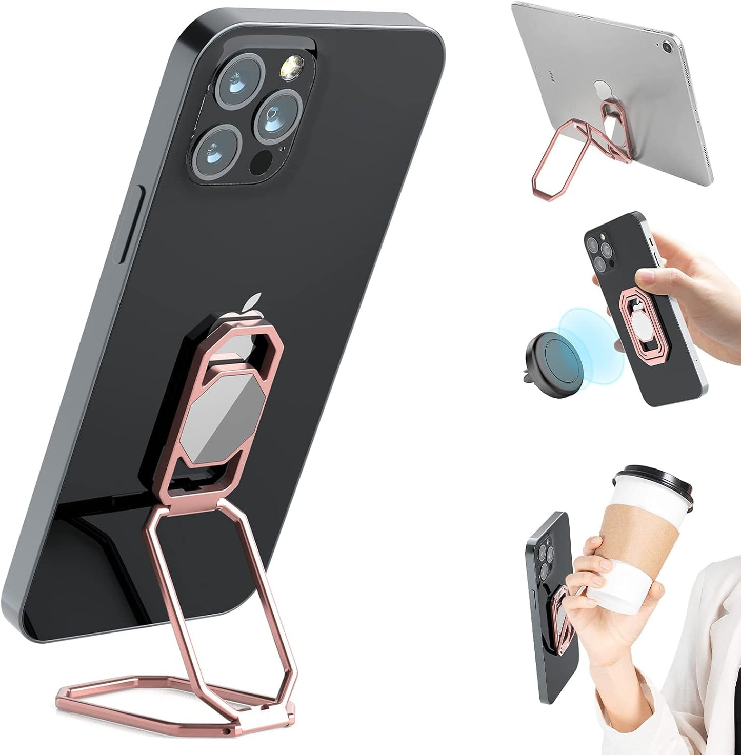 Phone Ring Holder Finger Kickstand, 360° Rotation Metal Phone Grip for Magnetic Car Mount Foldable Cell Phone Stand Compatible with Most Smartphones
