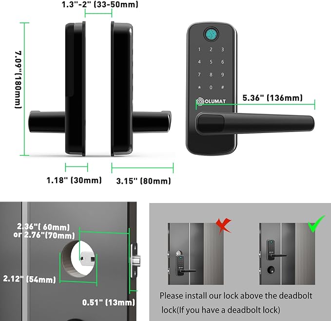 Smart Door Lock with Handle: Olumat Keyless Entry Door Lock with WiFi Gateway-Fingerprint Lock with Door Sensor -Smart Locks for Front Door with Keypad
