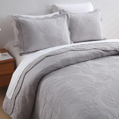 Cotton Bedspread Quilt Sets, Real Patchwork Bedding Sets with Luxury Floral Paisley Pattern, 3 Pieces Reversible Soft Lightweight Coverlet for All Season, Grey, Queen Size