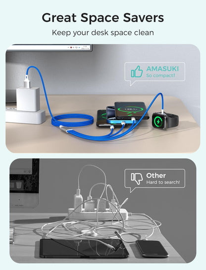 2Pack Travel Essentials Multi Charging Cable for Watch Charger 4 in 1 Fast Charger Camping Essentials USB C/L/Micro Compatible with Watch Series 10-1/SE/Ultra Phone 16 15/Galaxy Android-4FT/Blue