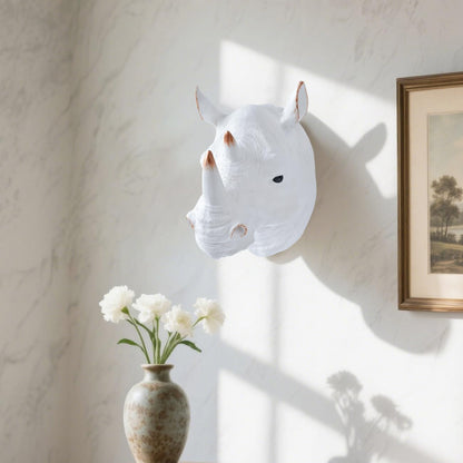 Rhino Head Wall Mount Resin Safari Animal Sculpture, Modern Faux Decor for Living Room Bedroom Office Realistic Wildlife Art Bust White