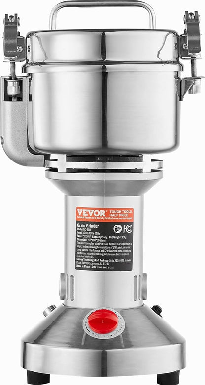VEVOR 550g Electric Grain Mill Grinder, High Speed 2000W Commercial Spice Grinders, Stainless Steel Pulverizer Powder Machine, for Dry Grains Spices Cereals Coffee Corn Pepper, Straight Type