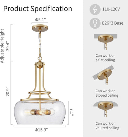 WUZUPS Chandelier Rustic Farmhouse Industrial Round Ceiling Pendant LED Light Fixture Clear Seeded Glass Shade for Dining Room Kitchen Island Foyer Entryway, H 20.9" x W 15.9", Gold