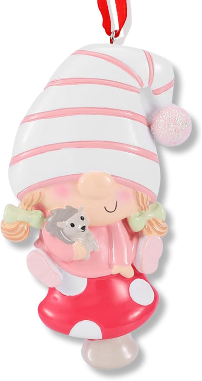 Ornaments by Elves - Personalized Baby Gnome Pink Christmas Ornaments 2024 Adorable Girl Gnome on Red Mushroom Great Addition to Christmas Decor Personalized Gifts in a Giftable Packaging