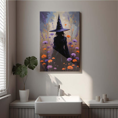 Country wildflower witch canvas print halloween mashup art witch purple decoration bohemian elegant art poster12x16in Wood Framed
