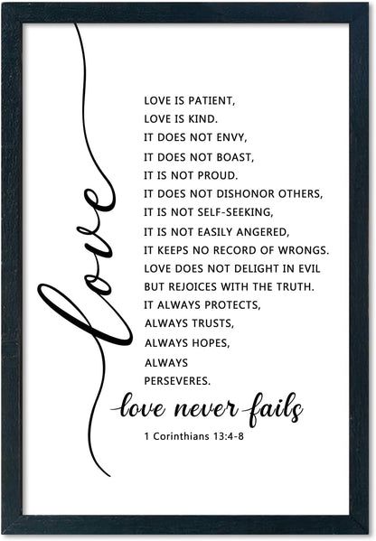 LuZhiQiang Love Is Patient Kind Wall Art 16"×11" Love Never Fails Sign 1 Corinthians 13 Bible Verse Wood Framed Wall Hanging Decor (Black)