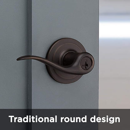 Kwikset Tustin Entry Door Handle with Lock and Key, Secure Keyed Reversible Lever Exterior, For Front Entrance and Bedrooms, Venetian Bronze, Pick Resistant Smartkey Rekey Security and Microban