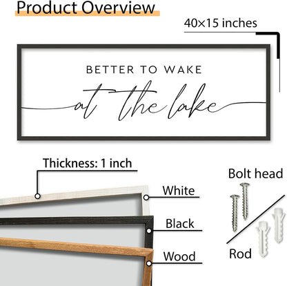 SRSZHIYUE Better To Wake At The Lake Wall Decor Above Bed Sign 40"×15" for Lake House Bedroom Over Bed Large Wood Framed Wall Hanging Art (Black)