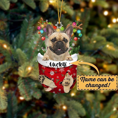 Fawn French Bulldog Dog Christmas Ornament, Fawn French Bulldog in Snow Pocket Christmas Tree Ornament, Dog Lovers Gift Idea Xmas Decor, Decorations for Tree, Christmas Ornament Gift for Dog Lovers