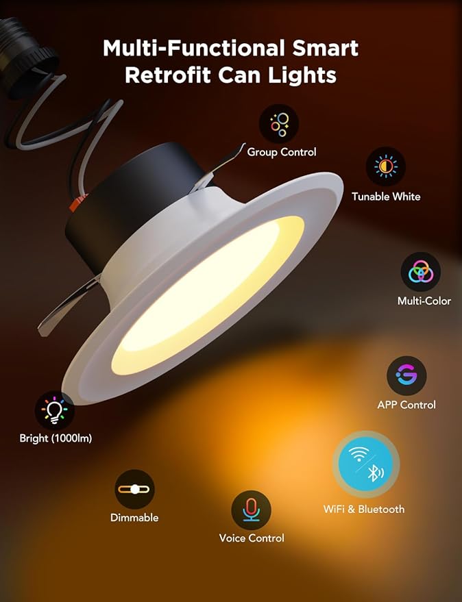 Govee Smart Retrofit Recessed Lighting 6 Inch, Wi-Fi Bluetooth Direct Connect RGBWW Retrofit Can Lights, 65 Scene Modes, Works with Alexa & Google Assistant, 1000 Lumens, 6 Pack