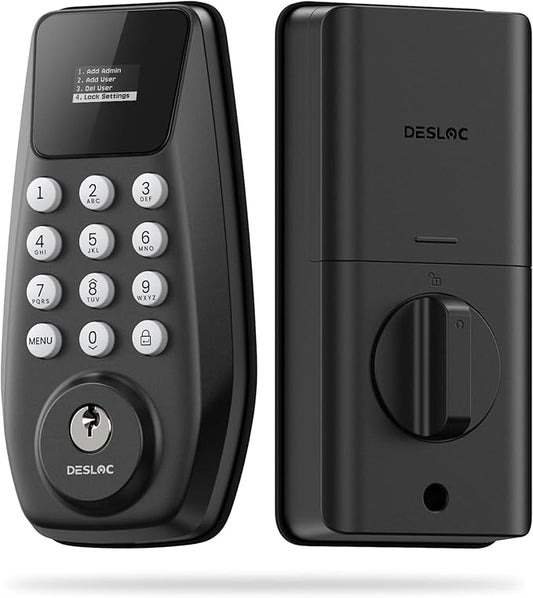 DESLOC C100 Keyless Entry Door Lock with Keypad, Smart Deadbolt Lock for Front Door with 2 Keys, Auto Lock, Easy Installation, 100 PIN Codes, IP54 Waterproof, BHMA Grade 3, Black