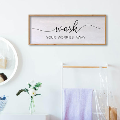 Wash Your Worries Away Bathroom Wall Art 24×10 Inch Wood Framed Decor Funny for Laundry Room Restroom Modern Rustic Inspirational Sign (Wood)