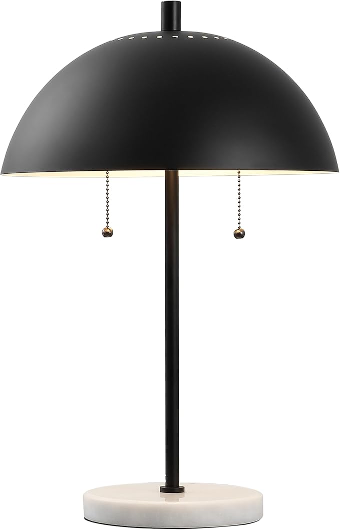 JONATHAN Y 20.75" Black/White Marble 2-Light LED Table Lamp for Modern Bedside Decor, Glam Desk Lamp, Gold Metal Dome Shade, Pull Chain Switch, Bulbs Included (JYL1071B)