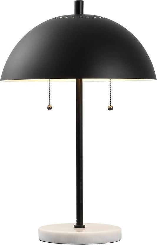 JONATHAN Y 20.75" Black/White Marble 2-Light LED Table Lamp for Modern Bedside Decor, Glam Desk Lamp, Gold Metal Dome Shade, Pull Chain Switch, Bulbs Included (JYL1071B)