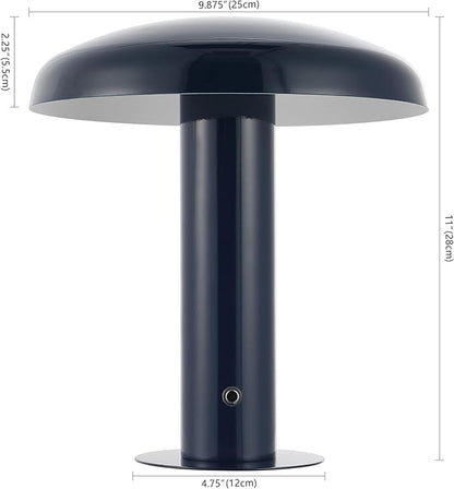 JONATHAN Y 11" Navy Rechargeable LED Mushroom Table Lamp, Cordless Portable Dimmable Mid-Century Modern Accent Lamp, with Metal Shade, Touch Sensor (JYL7114F)
