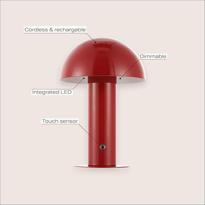JONATHAN Y 10.75" Red Rechargeable LED Mushroom Table Lamp, Cordless Portable Bedside Lamp for Living Room Bedroom, 3-Way Dimmable Modern Iron Desk Light, Metal Shade (JYL7115G)