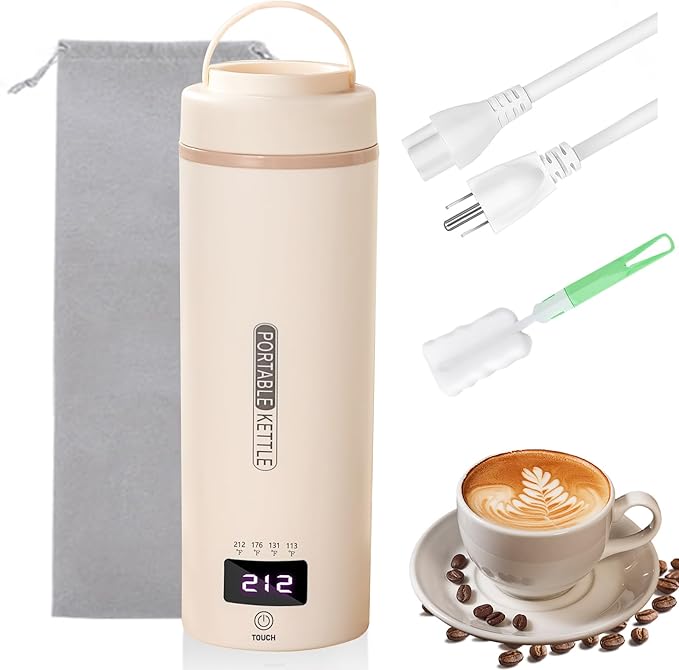 Travel Mini Kettle Portable Electric Kettle with Plug-in Boiling & Keeps Warm via USB, Small Water Boiler with 4 Temperature Settings, 304 Stainless Steel with Auto Shut-off 16oz(Beige)