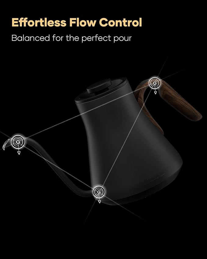 Gooseneck Electric Kettle with Precise ±1℉ Temperature Control, Wood-Accented Handle, Stainless Steel Interior, Quick Heating Pour Over Kettle for Coffee & Tea, 0.9L, Matte Grey