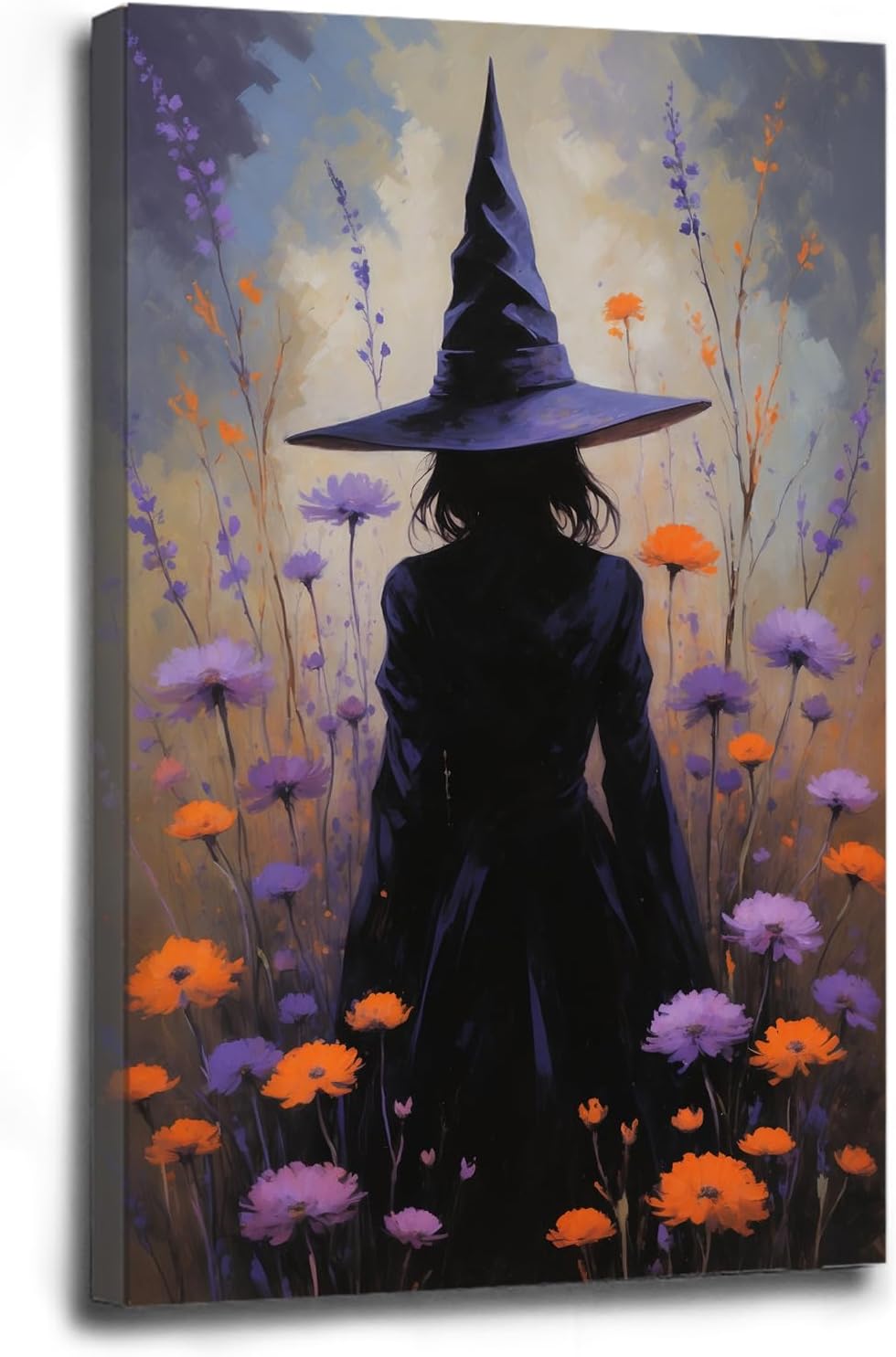 Country wildflower witch canvas print halloween mashup art witch purple decoration bohemian elegant art poster28x40in Wood Framed