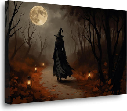 Moonlight witch poster dim lantern Halloween decoration Gothic style dark retro college style canvas wall art suitable for living room bedroom12x16in Wood Framed