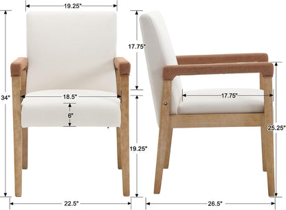 Kmax Modern Dining Chairs Set of 2 Linen Fabric Kitchen Arm Chairs Upholstered Accent Chairs with Wooden Legs for Dining Room, Living Room, Bedroom, White