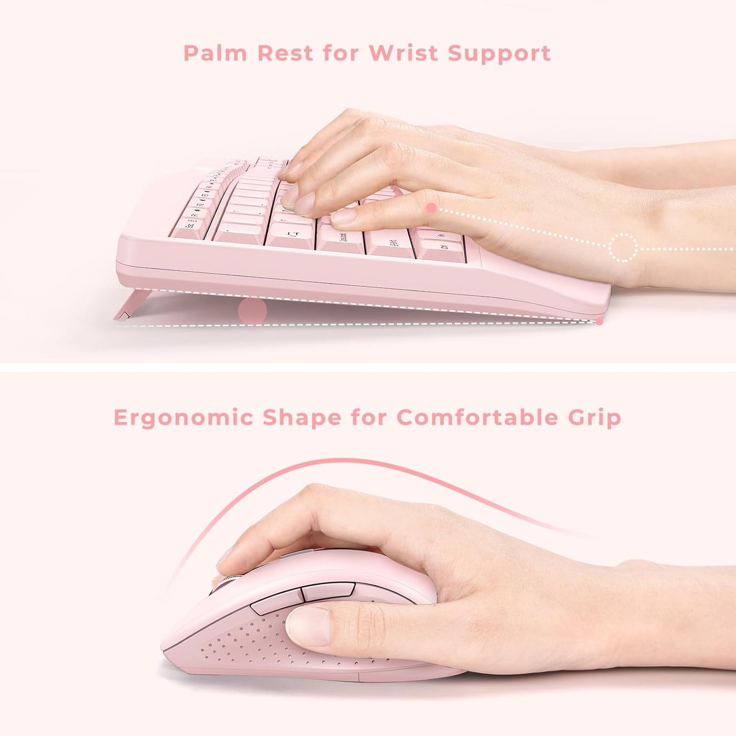 Wireless Keyboard and Mouse - Full Size Ergonomic Keyboard with Palm Wrist Rest Ergonomic Mouse Cordless for Windows Computers Laptops - Light Pink (Upgrade)
