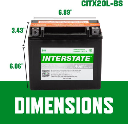 Interstate Batteries YTX20HL-BS 12V 18Ah Powersports Battery 270CCA High-Performance AGM Rechargeable Replacement for Motorcycles, ATVs, UTVs, Jet Skis, Snowmobiles (CITX20L-BS-PW)
