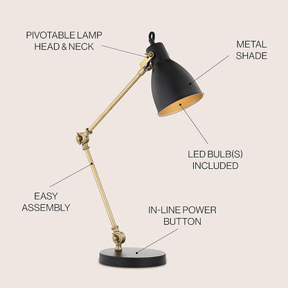 JONATHAN Y 24" Black/Brass Gold LED Metal Task Lamp, Modern Industrial Adjustable Desk Lamp for Home Office Bedroom, Silk-Wrapped Cord, UL Listed, LED Bulb Included JYL6003A