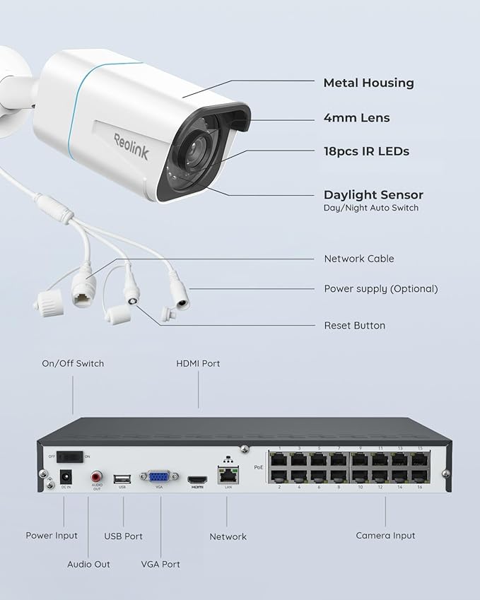 REOLINK 4K Security Camera System, RLK16-800B8 8pcs H.265 PoE Wired with Person Vehicle Detection, 8MP/4K 16CH NVR with 4TB HDD for 24-7 Recording