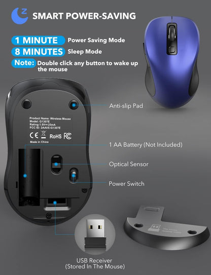 Trueque Wireless Mouse for Laptop, 2.4GHz Ergonomic Computer Mouse with Back & Forward Buttons, 3 Adjustable DPI Levels, 6 Buttons, Optical USB Cordless Mice for Windows MacBook PC (Deep Blue)
