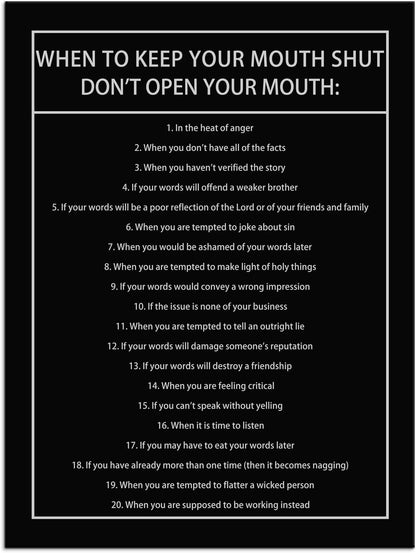 Inspirational Canvas Wall Art When to Keep Your Mouth Shut Don't Open Your Mouth Life Learning Poster Prints Artwork for Living Room Modern Home Decor Painting Stretched and Framed [18''Wx 24''H]