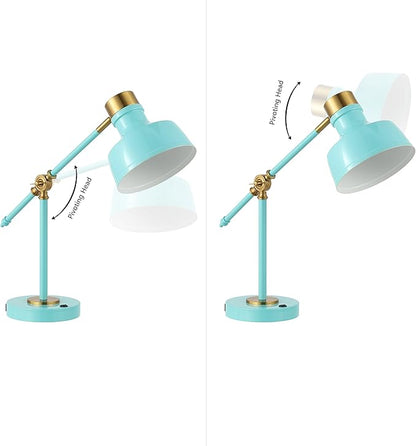 JONATHAN Y 18.5" Cyan/Brass Gold Adjustable Cantilever LED Task Lamp with USB Charging Port, Vintage Farmhouse Desk Lamp for Home Office Reading, Metal Shade (JYL7124C)
