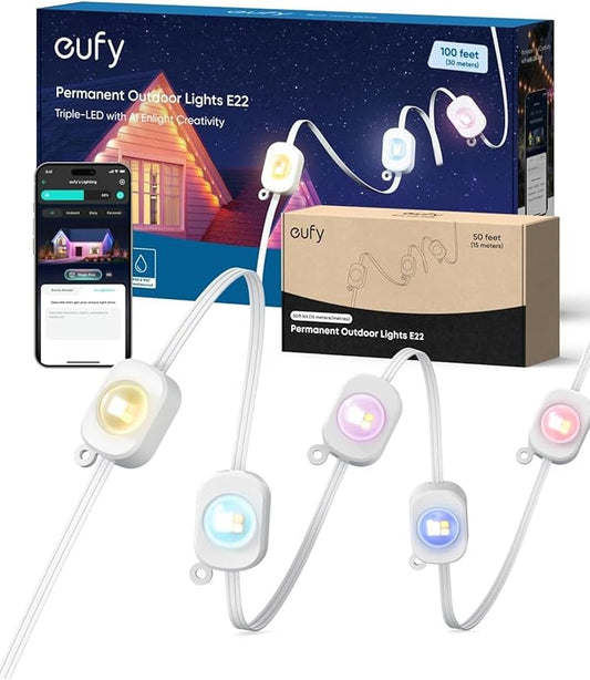 eufy Permanent Outdoor Lights E22, 100ft+ 50ft kit (Total 150ft) with 90 Triple-LED Lights, Smart RGBWW, Up to IP67 Waterproof, AI Lighting Themes for Halloween, Christmas, Links with Cameras, White