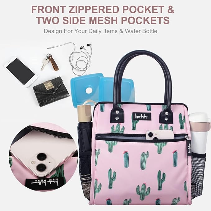 Nicole Miller Insulated Lunch Bag Tote Thermal Soft Side Wide-Open Cooler Ice Bag Lunch Box for Food with Drink Bottle Holder