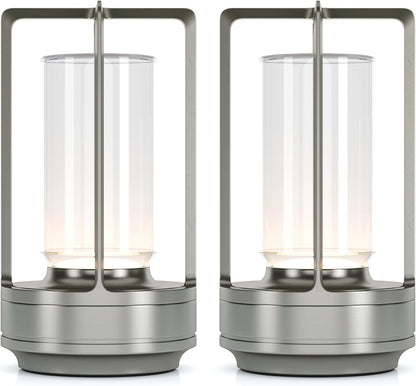 Portable Metal Table Lamp for Indoor/Outdoor ,Rechargeable Cordless LED Lamp, 3-Colour Infinitely Dimming Battery Powered Small Desk Lamp, Restaurant/Bedroom/Bar/Coffee/Camping Light (Sliver Set of 2)