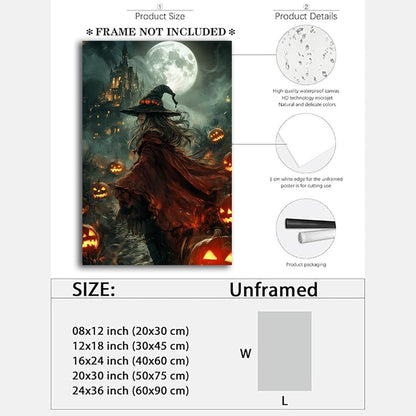 Dark and Moody Gothic Witch Poster Wall Art,Vintage Rustic Witch in Cloak with Castle Pumpkin Road Dark Gothic Poster,Goth Spooky Season Halloween Prints for Fantasy Office,16"x24" Unframed