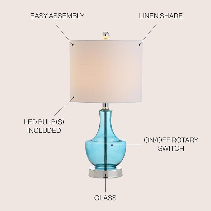 JONATHAN Y 20" Amalfi Blue Glass Mini Table Lamp, Modern Bedside Lamp for Bedroom, White Linen Drum Shade, Teardrop Glass Base, LED Bulb Included, UL Listed (JYL1029C)