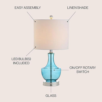 JONATHAN Y 20" Amalfi Blue Glass Mini Table Lamp, Modern Bedside Lamp for Bedroom, White Linen Drum Shade, Teardrop Glass Base, LED Bulb Included, UL Listed (JYL1029C)