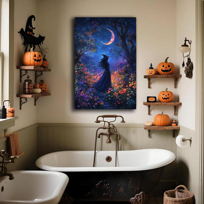 Vintage Halloween Witch Decor Mystic Gothic Wall Art Poster,Enchanting Witch Fall Whimsical Wildflowers Woodland Forest Crescent Moon Picture Art,Creepy Witchy Home Decor,24"x36" Framed