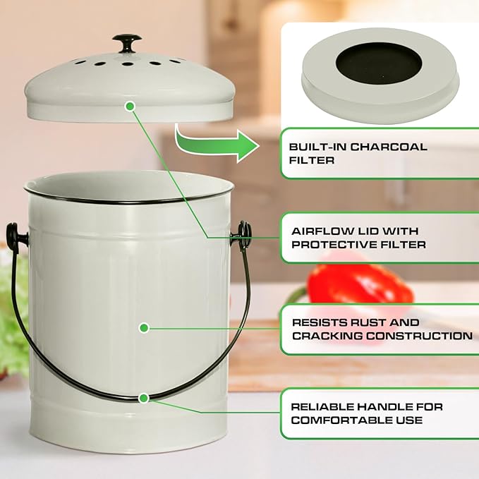 Plexon Kitchen Compost Bin Indoor with Lid, Off-White 1.5 Gallon Odorless Container, Steel Food Compost Bucket for Kitchen with Charcoal Filter, Compost Pail Countertop
