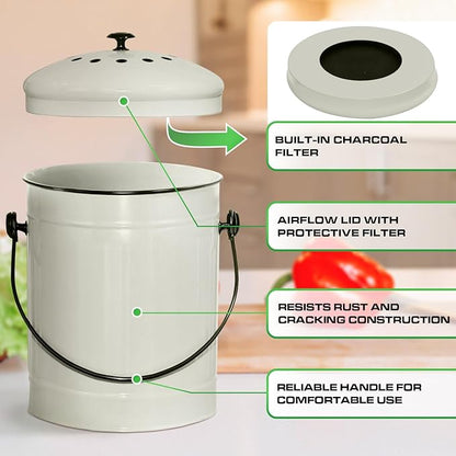 Plexon Kitchen Compost Bin Indoor with Lid, Off-White 1.5 Gallon Odorless Container, Steel Food Compost Bucket for Kitchen with Charcoal Filter, Compost Pail Countertop