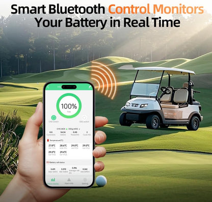 48V 100Ah Golf Cart LiFePO4 Lithium Battery with Bluetooth Group 8D, 15000+ Deep Cycle Battery, Built-in 200A BMS with Low-Temp Protection Golf Cart Accessories