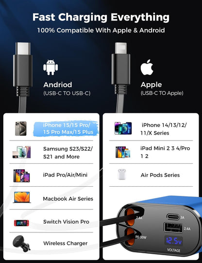 【Upgraded】 SUPERONE Retractable Car Charger 4 in 1, Fast Car Phone Charger with Cord 2.6ft, USB C and Apple Car Charger Adapter, Compatible with iPhone 16 15/15 Pro Max/14/13/12/11, Galaxy, Pixel