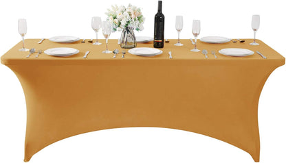 SuperO 2Pack Waterproof Spandex Table Cover for 6FT Table Universal Fitted Stretch Tablecloth for Party, Banquet, Wedding and Events-Gold