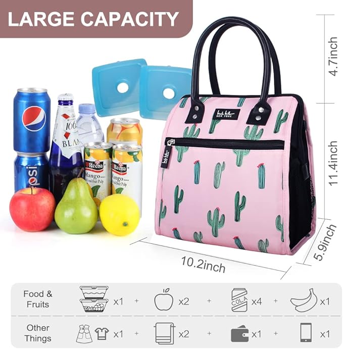 Nicole Miller Insulated Lunch Bag Tote Thermal Soft Side Wide-Open Cooler Ice Bag Lunch Box for Food with Drink Bottle Holder