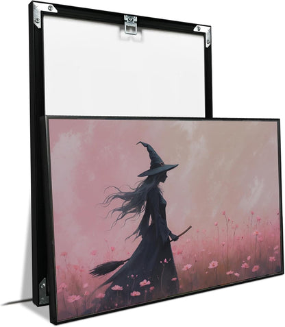 JFHCQJPK Witch in the pink sea of flowers Halloween prints weird flowers wall art silhouette painting fashionable romantic decoration suitable for bedroom12x16in Metal blackFramed