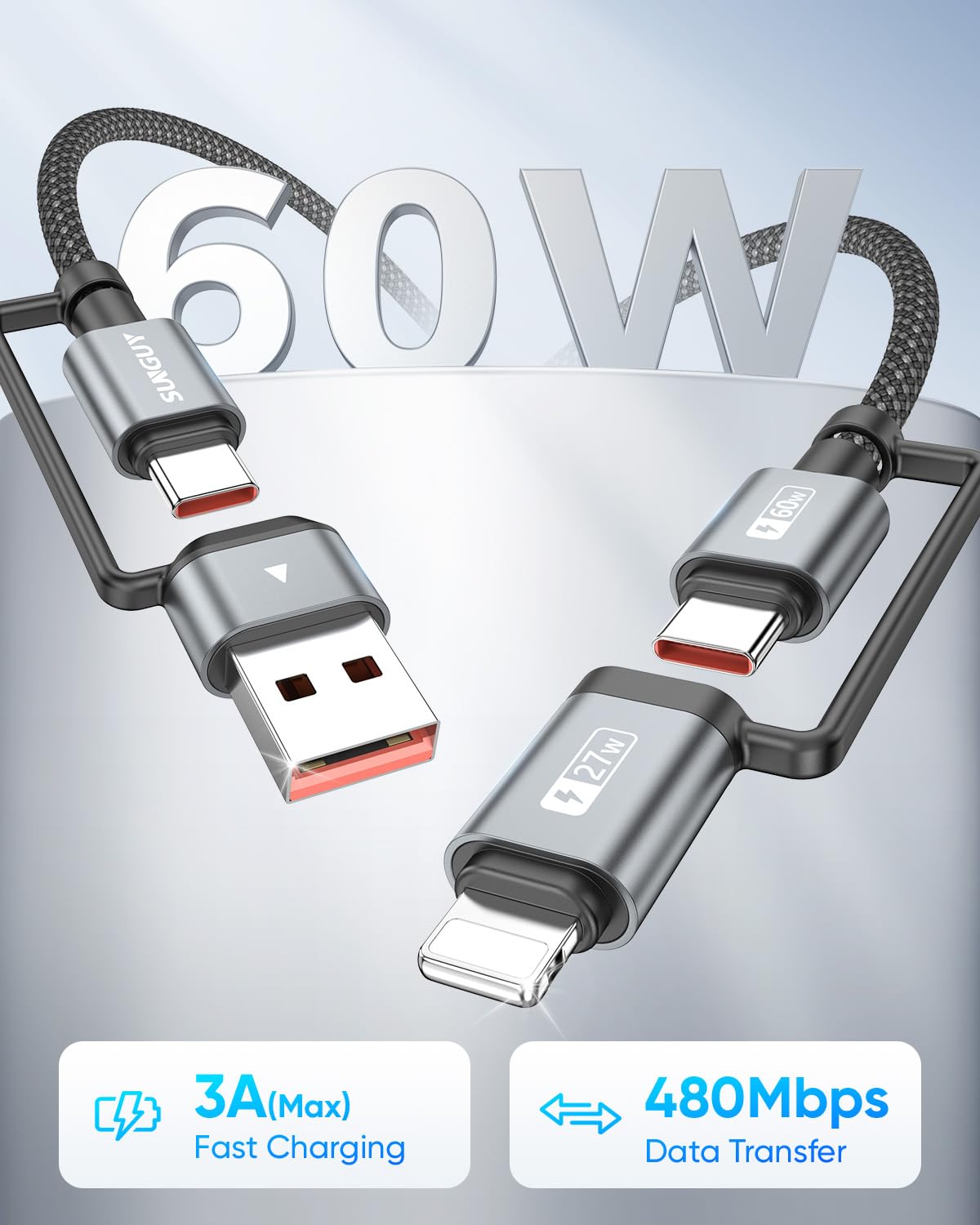 SUNGUY 4 in 1 Charging Cable 6FT [2 Pack], 60W Multi Charging Cable, USB-C/A to Lighting/C Cord for iPhone 16/15/14 Pro/iPad/MacBook/Samsung Galaxy S25/S24/Tablets