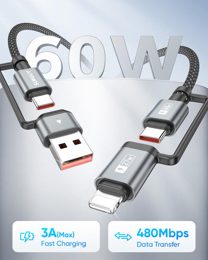 SUNGUY 4 in 1 Charging Cable 3FT [2 Pack], 60W Multi Charging Cable, USB-C/A to Lighting/C Cord for iPhone 16/15/14 Pro/iPad/MacBook/Samsung Galaxy S25/S24/Tablets